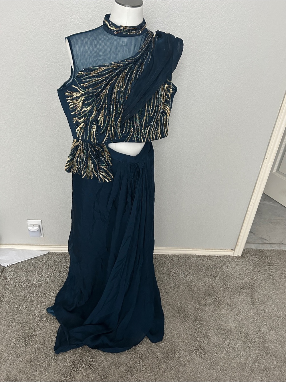 Lehenga  deep teal green indo fusion style seqins and bead work scarf attached M